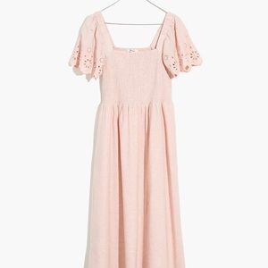 Madewell Linen-Blend Eyelet-Sleeve Lucie Smocked Midi Dress small blush pink
